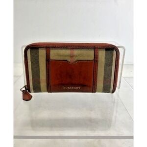Burberry Tartan Zip Wallet Reddish Brown Leather Archive Beige Check Authentic